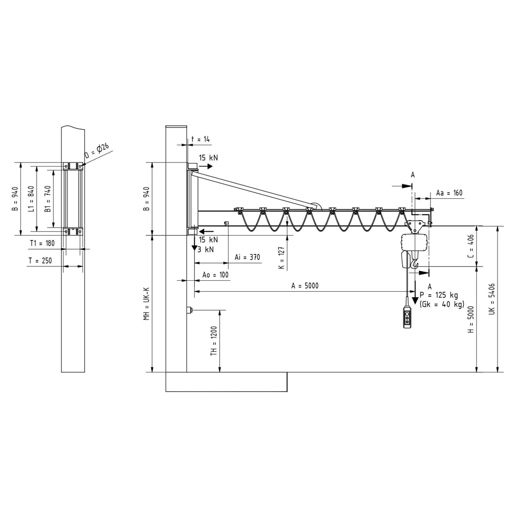 VETTER® Schwenkkran inkl. LIFTKET Elektrokettenzug, Wandausführung mit Abspannung, Ausladung 5.000 mm, TK 125 kg Produktabbildung Nr. 2: VETTER® Schwenkkran inkl. LIFTKET Elektrokettenzug, Wandausführung mit Abspannung, Ausladung 5.000 mm, TK 125 kg