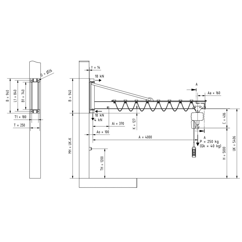 Produktabbildung Nr. 2: VETTER® Schwenkkran inkl. LIFTKET Elektrokettenzug, Wandausführung mit Abspannung, Ausladung 4.000 mm, TK 250 kg