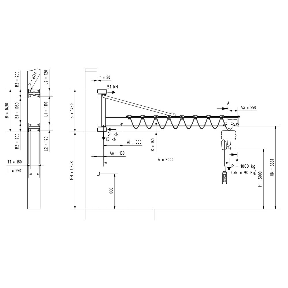 Produktabbildung Nr. 2: VETTER® Schwenkkran inkl. LIFTKET Elektrokettenzug, Wandausführung mit Abspannung, Ausladung 5.000 mm, TK 1.000 kg