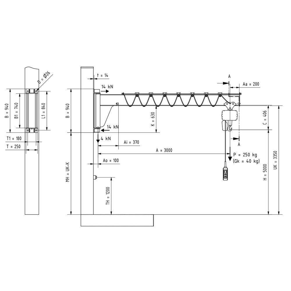 Produktabbildung Nr. 2: VETTER® Schwenkkran inkl. LIFTKET Elektrokettenzug, Wandausführung, niedrigbauend, Ausladung 3.000 mm, TK 250 kg