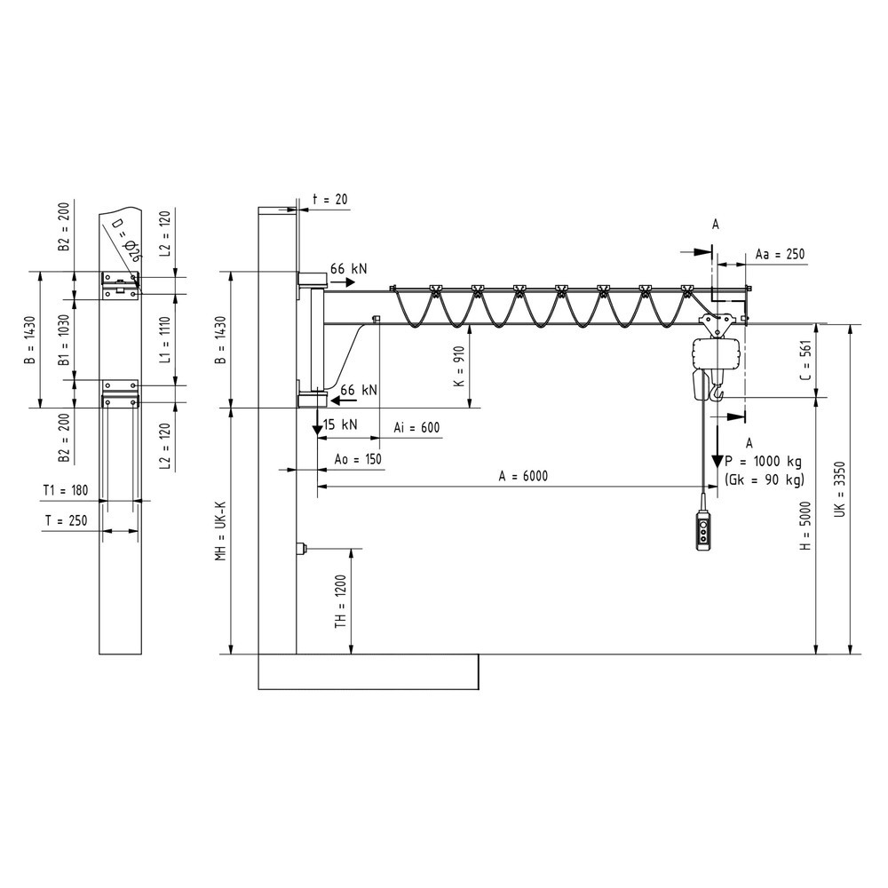 Produktabbildung Nr. 2: VETTER® Schwenkkran inkl. LIFTKET Elektrokettenzug, Wandausführung, niedrigbauend, Ausladung 6.000 mm, TK 1.000 kg