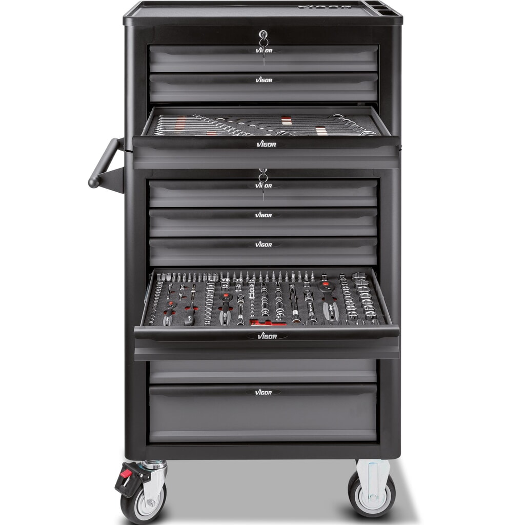 VIGOR® Werkzeugwagen 1000, 7 + 3 Schubladen + Aufsatzkoffer, inkl. 344-teiligem Werkzeugsortiment Produktabbildung Nr. 2: VIGOR® Werkzeugwagen 1000, 7 + 3 Schubladen + Aufsatzkoffer, inkl. 344-teiligem Werkzeugsortiment