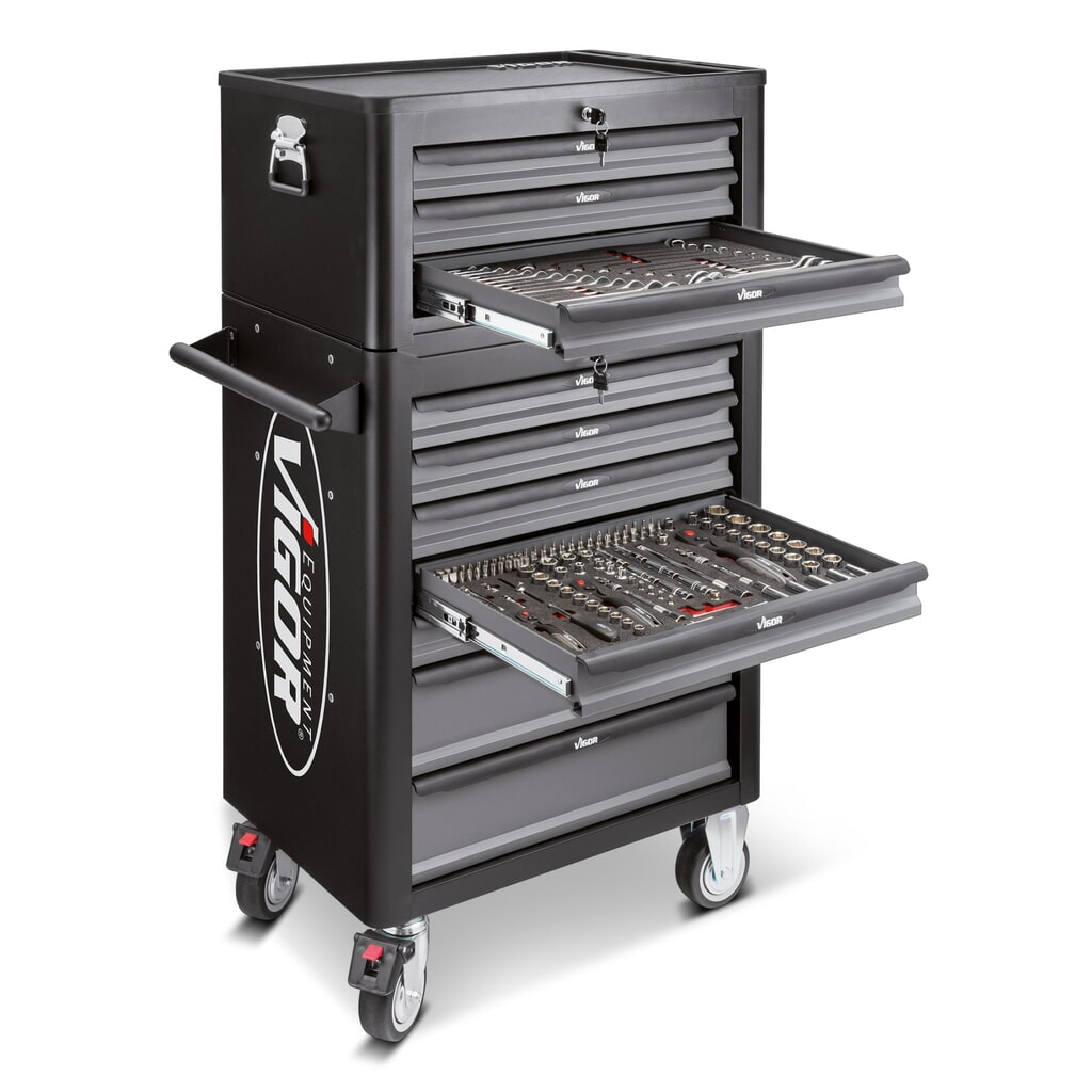 VIGOR® Werkzeugwagen 1000, 7 + 3 Schubladen + Aufsatzkoffer, leer Produktabbildung: VIGOR® Werkzeugwagen 1000, 7 + 3 Schubladen + Aufsatzkoffer, leer