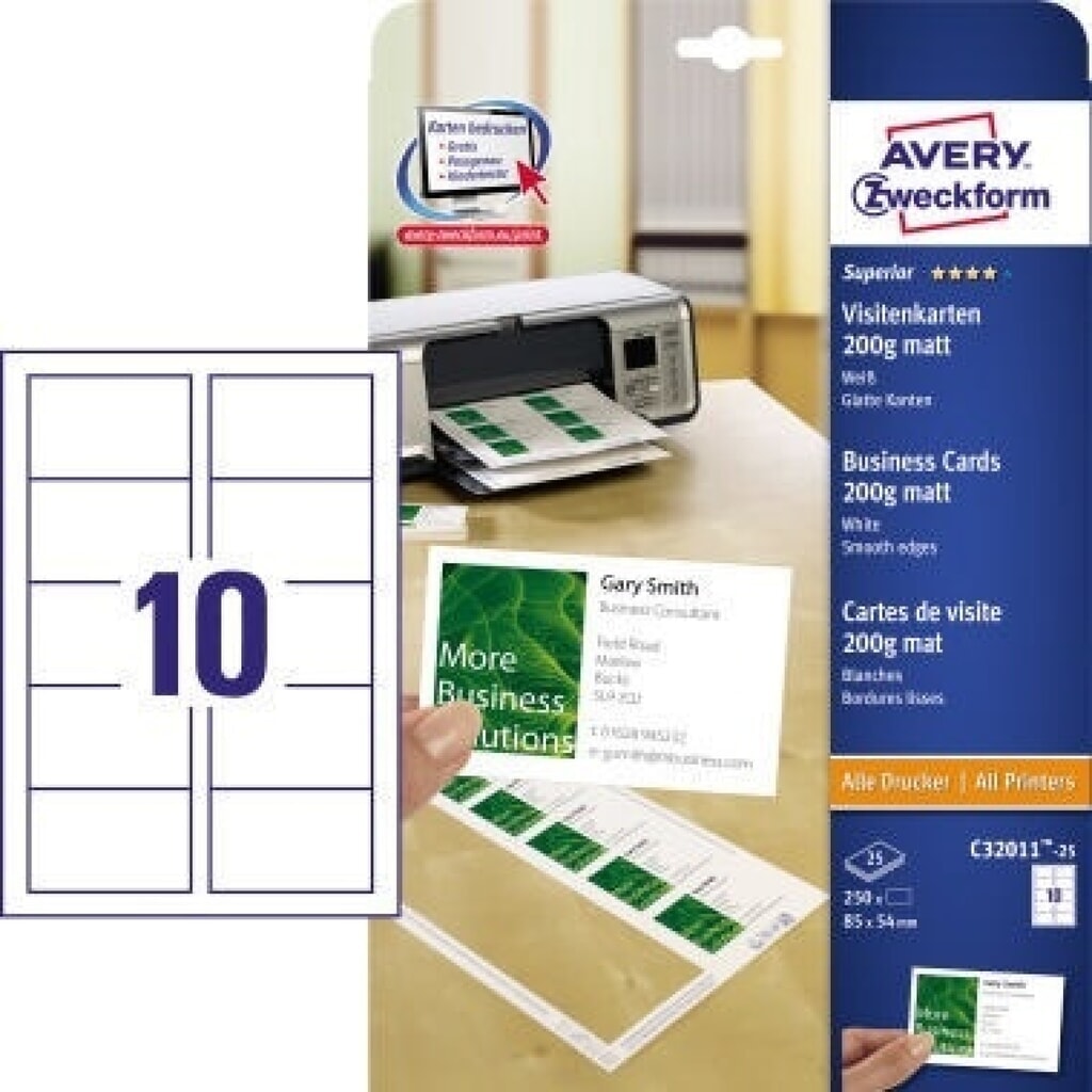 Avery Zweckform Visitenkarte C32011-25 weiß 250 St./Pack. Produktabbildung: Avery Zweckform Visitenkarte C32011-25 weiß 250 St./Pack.