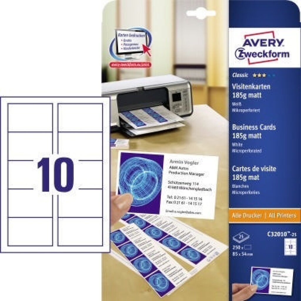 Avery Zweckform Visitenkarte C32010-25 weiß 250 St./Pack. Produktabbildung: Avery Zweckform Visitenkarte C32010-25 weiß 250 St./Pack.
