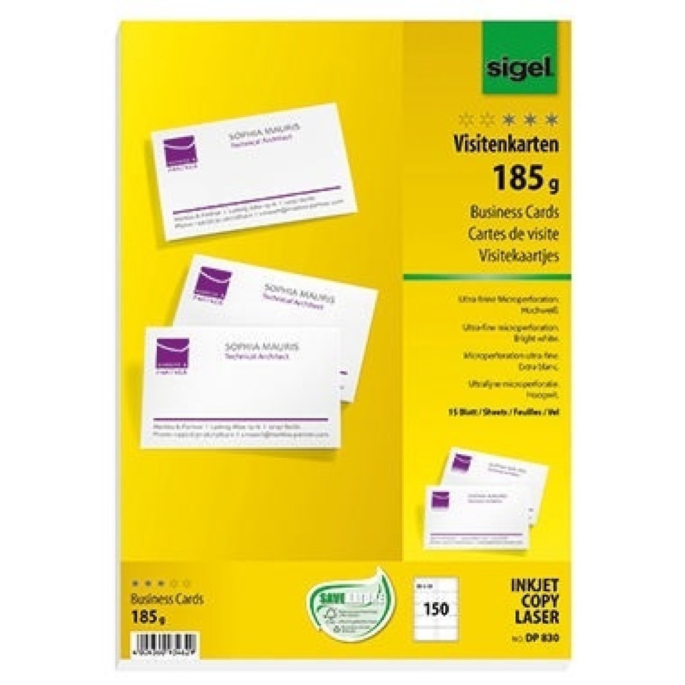 Produktabbildung: Sigel Visitenkarte DP830 DIN A4 85x55mm 185g ws 150 St./Pack.