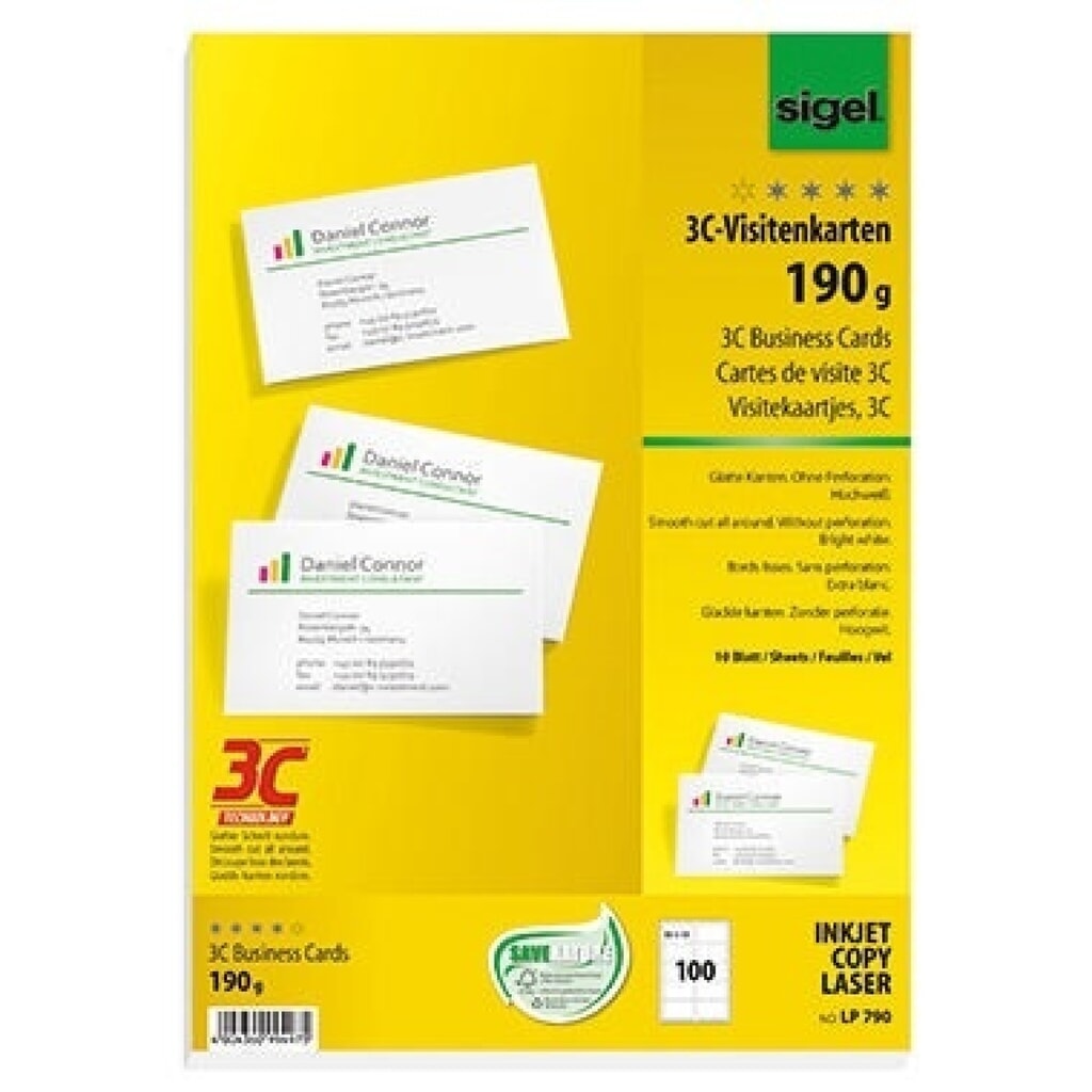 Sigel Visitenkarte LP790 DIN A4 85x55mm 190g ws 100 St./Pack Produktabbildung: Sigel Visitenkarte LP790 DIN A4 85x55mm 190g ws 100 St./Pack