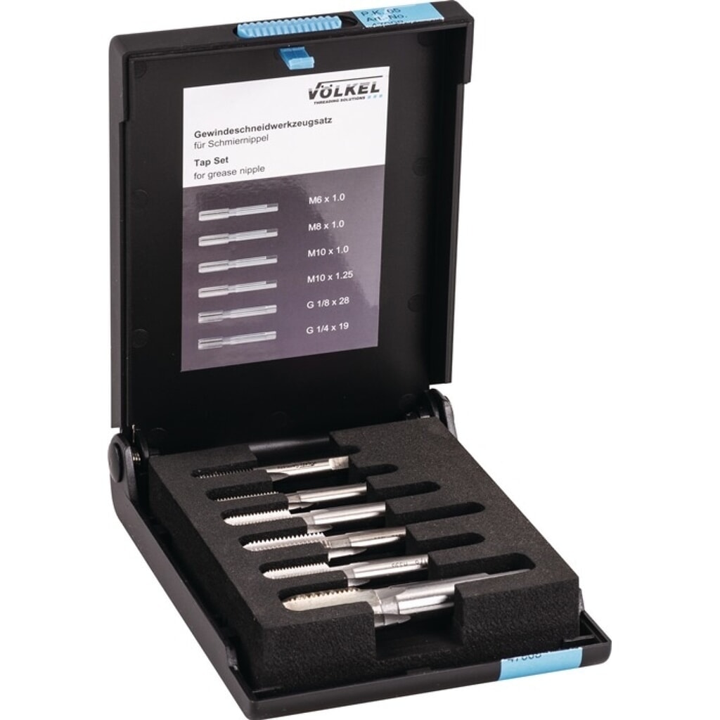 VÖLKEL Gewindeschneidzeugsatz, HSS-G, M6-M10 / G1/4-G1/8 ″, 6-teilig Produktabbildung: VÖLKEL Gewindeschneidzeugsatz, HSS-G, M6-M10 / G1/4-G1/8 ″, 6-teilig