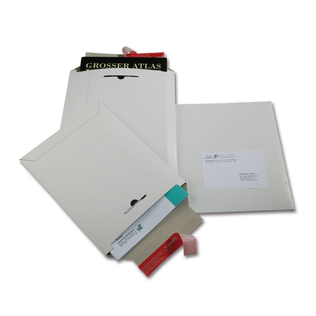 Produktabbildung: Vollpapp-Versandtasche, 249x353mm, C4, 500g/qm, weiss, mit SK-Verschluss, 1 VE = 100 Stk