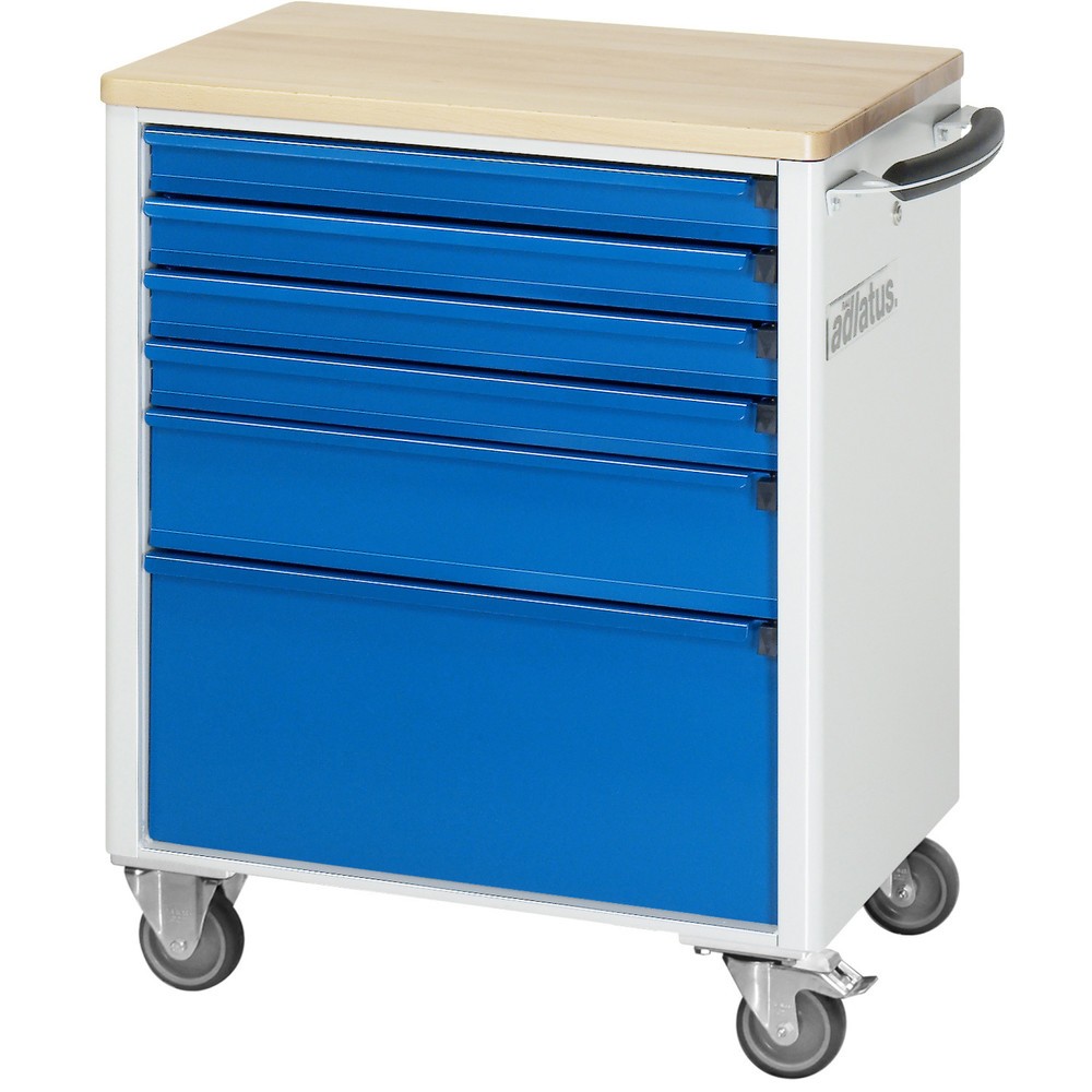 Číslo obrázka výrobku 4: Vozík na náradie RAU série 700, v × š × h 860 × 700 × 510 mm, 6 zásuv. 4 × 65, 1 × 130, 1 × 260 mm, buková pracovná doska