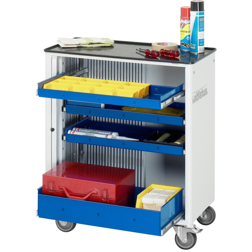 Obrázok výrobku: Vozík na náradie vozík RAU série 700, v × š × h 860 × 725 × 400 mm, 4 zásuv. 3 × 40, 1 × 105 mm, kovová pracovná doska