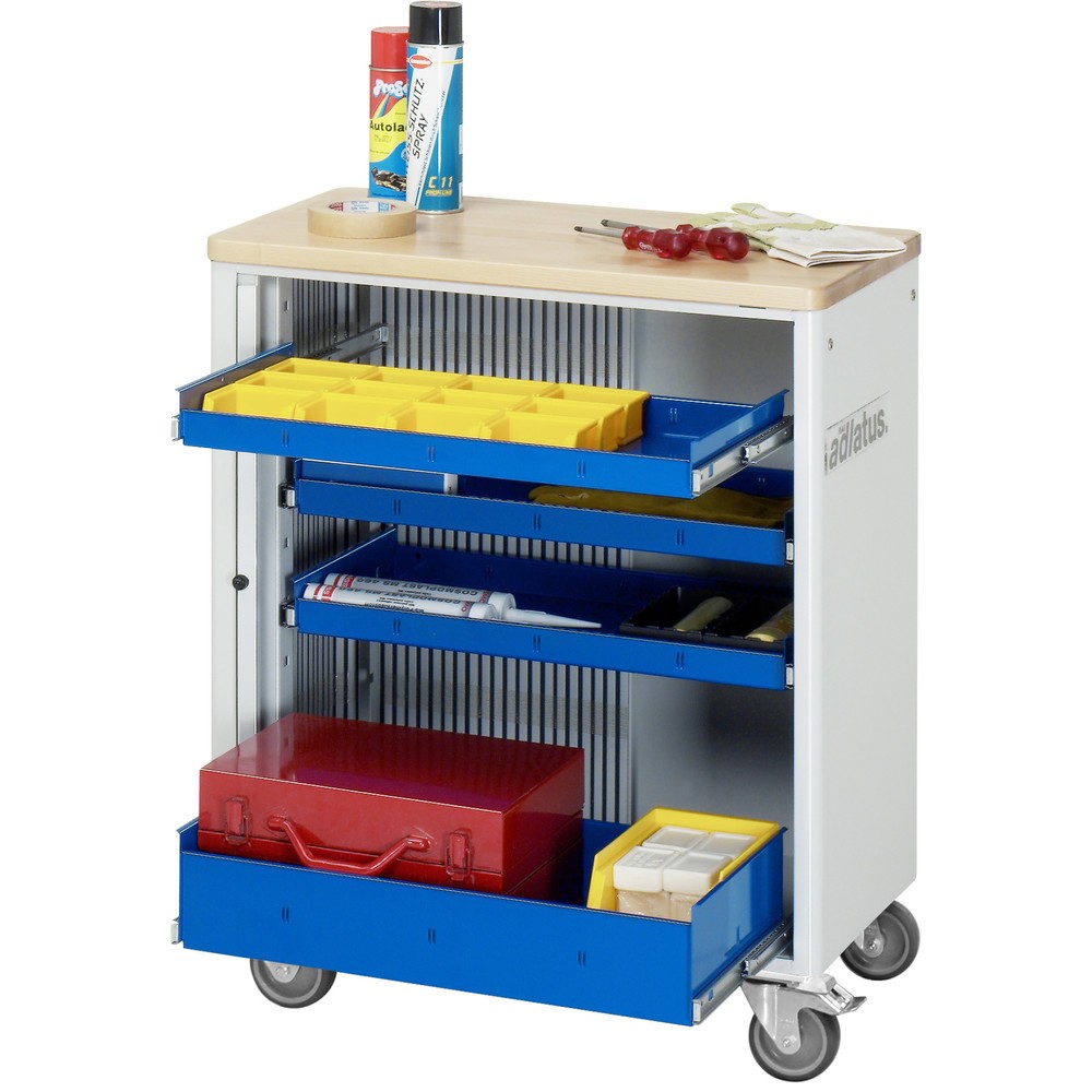 Číslo obrázka výrobku 1: Vozík na náradie vozík RAU série 700, v × š × h 860 × 725 × 400 mm, 4 zásuv. 3 × 40, 1 × 105 mm, buková pracovná doska