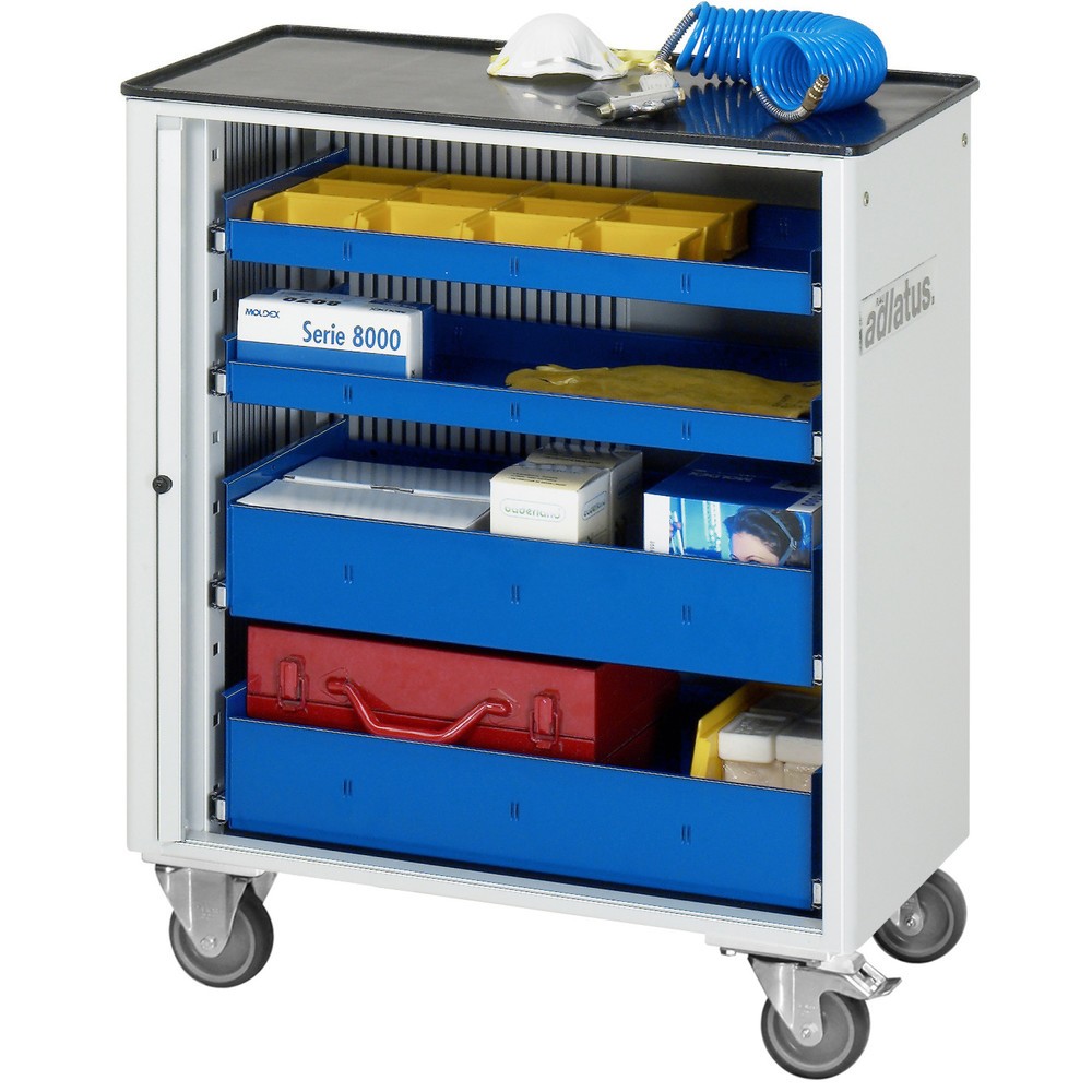 Obrázok výrobku: Vozík na náradie vozík RAU série 700, v × š × h 860 × 725 × 400 mm, 4 zásuv. 2 × 40, 2 × 105 mm, kovová pracovná doska