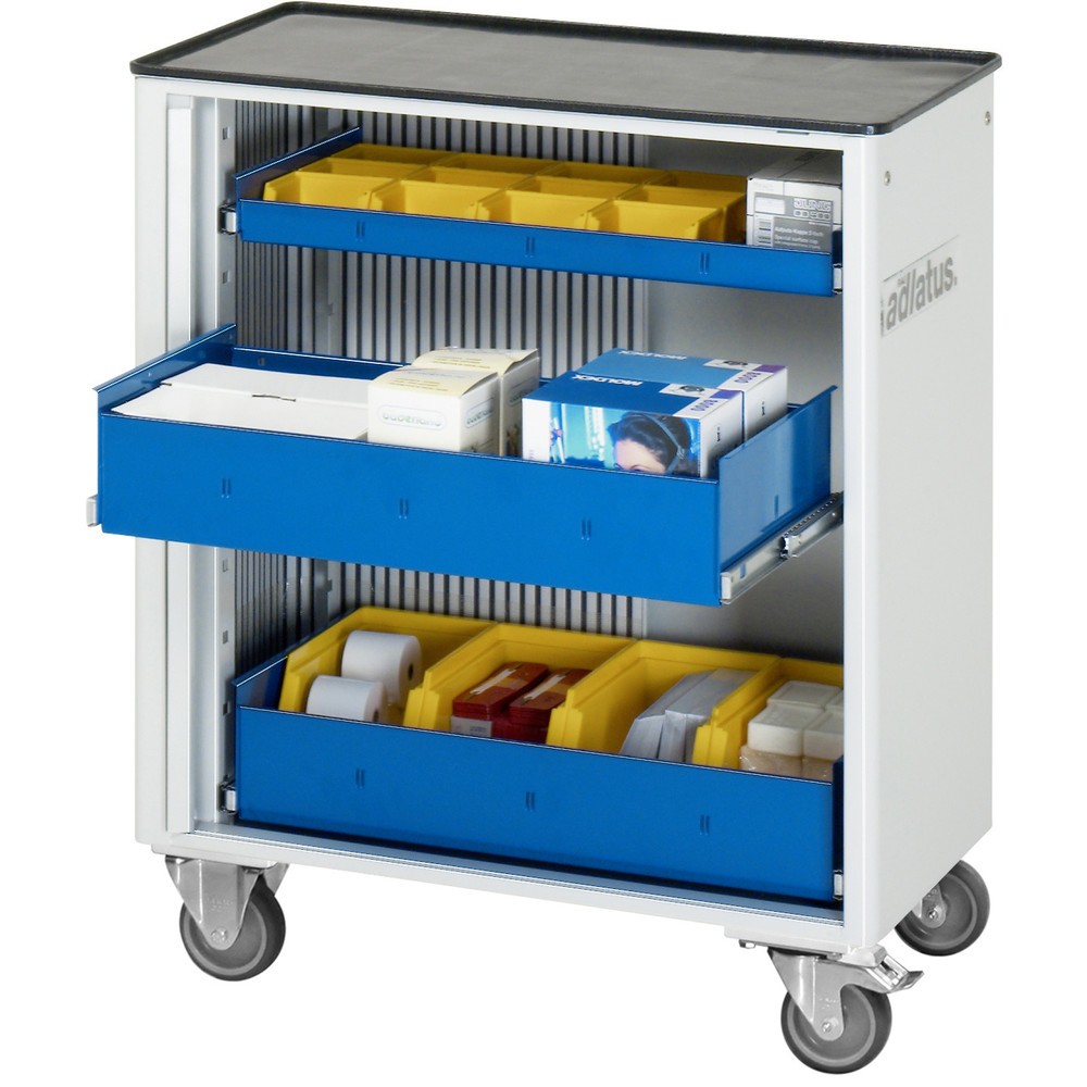 Obrázok výrobku: Vozík na náradie vozík RAU série 700, v × š × h 860 × 725 × 400 mm, 3 zásuv. 1 × 40, 2 × 105 mm, kovová pracovná doska