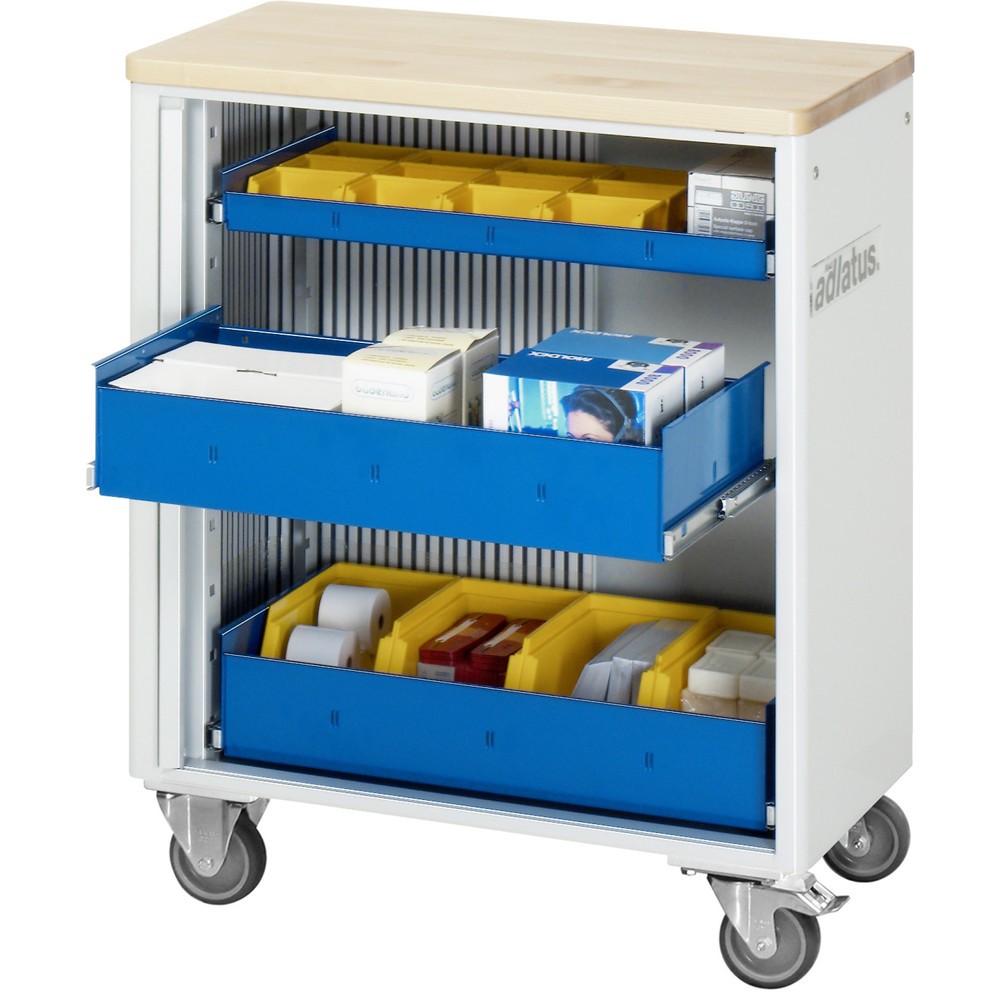 Obrázok výrobku: Vozík na náradie vozík RAU série 700, v × š × h 860 × 725 × 400 mm, 3 zásuv. 1 × 40, 2 × 105 mm, buková pracovná doska