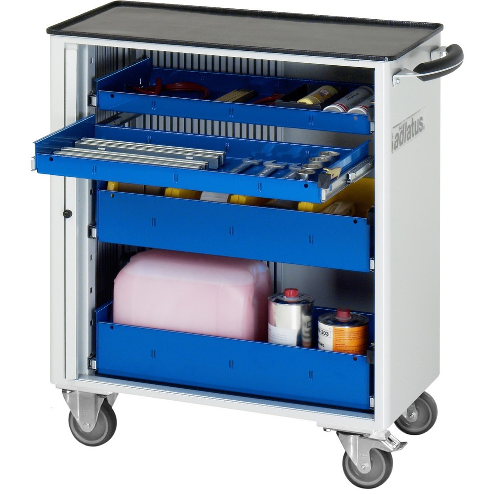 Obrázok výrobku: Vozík na náradie vozík RAU série 700, v × š × h 860 × 725 × 400 mm, 4 zásuv. 2 × 40, 2 × 105 mm, kovová pracovná doska
