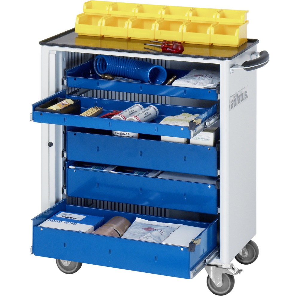 Obrázok výrobku: Vozík na náradie vozík RAU série 700, v × š × h 860 × 725 × 400 mm, 5 zásuv. 2 × 40, 3 × 105 mm, kovová pracovná doska