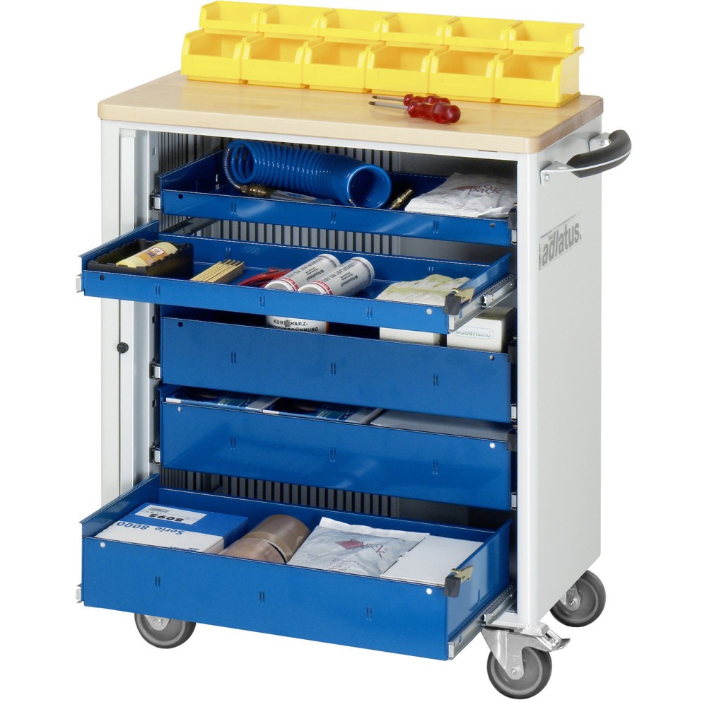 Obrázok výrobku: Vozík na náradie vozík RAU série 700, v × š × h 860 × 725 × 400 mm, 5 zásuv. 2 × 40, 3 × 105 mm, buková pracovná doska