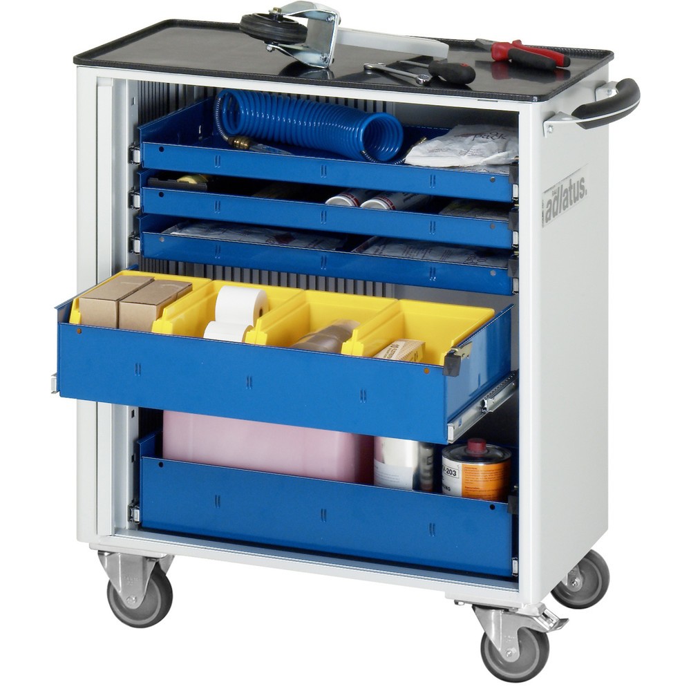 Obrázok výrobku: Vozík na náradie vozík RAU série 700, v × š × h 860 × 725 × 400 mm, 5 zásuv. 3 × 40, 2 × 105 mm, kovová pracovná doska