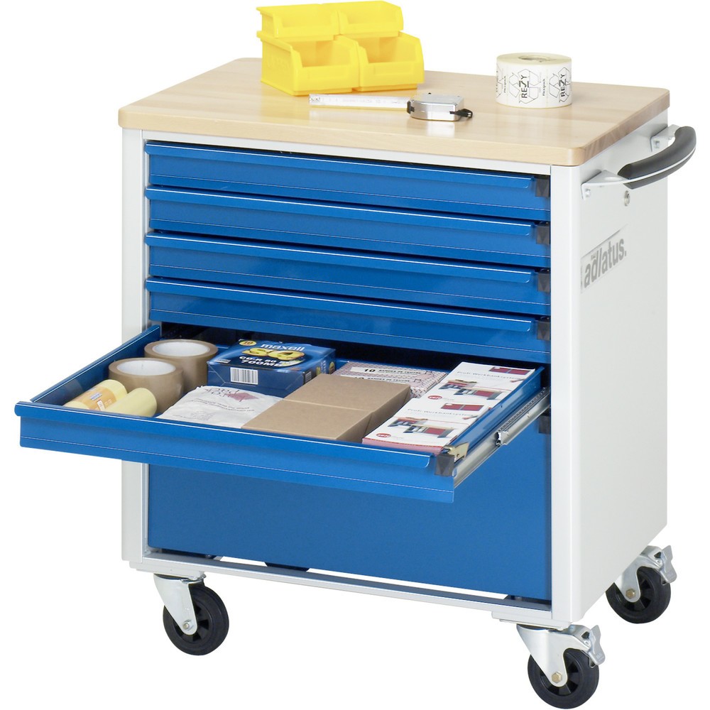 Číslo obrázka výrobku 1: Vozík na náradie vozík RAU série 700, v × š × h 790 × 700 × 510 mm, 6 zásuv. 5 × 65, 1 × 260 mm, buková pracovná doska