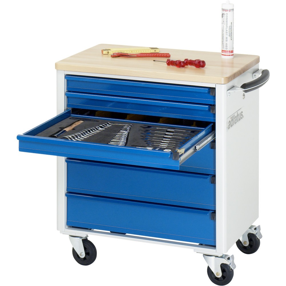 Číslo obrázka výrobku 1: Vozík na náradie vozík RAU série 700, v × š × h 790 × 700 × 510 mm, 6 zásuv. 3 × 65, 3 × 130 mm, buková pracovná doska