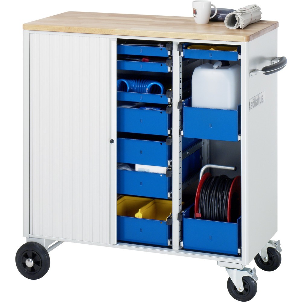 Číslo obrázka výrobku 4: Vozík na náradie RAU série adlatus, v × š × h 1 080 × 1 025 × 520 mm, 10 zásuv. 4 × 65, 4 × 130, 2 × 150 mm, buková pracovná doska