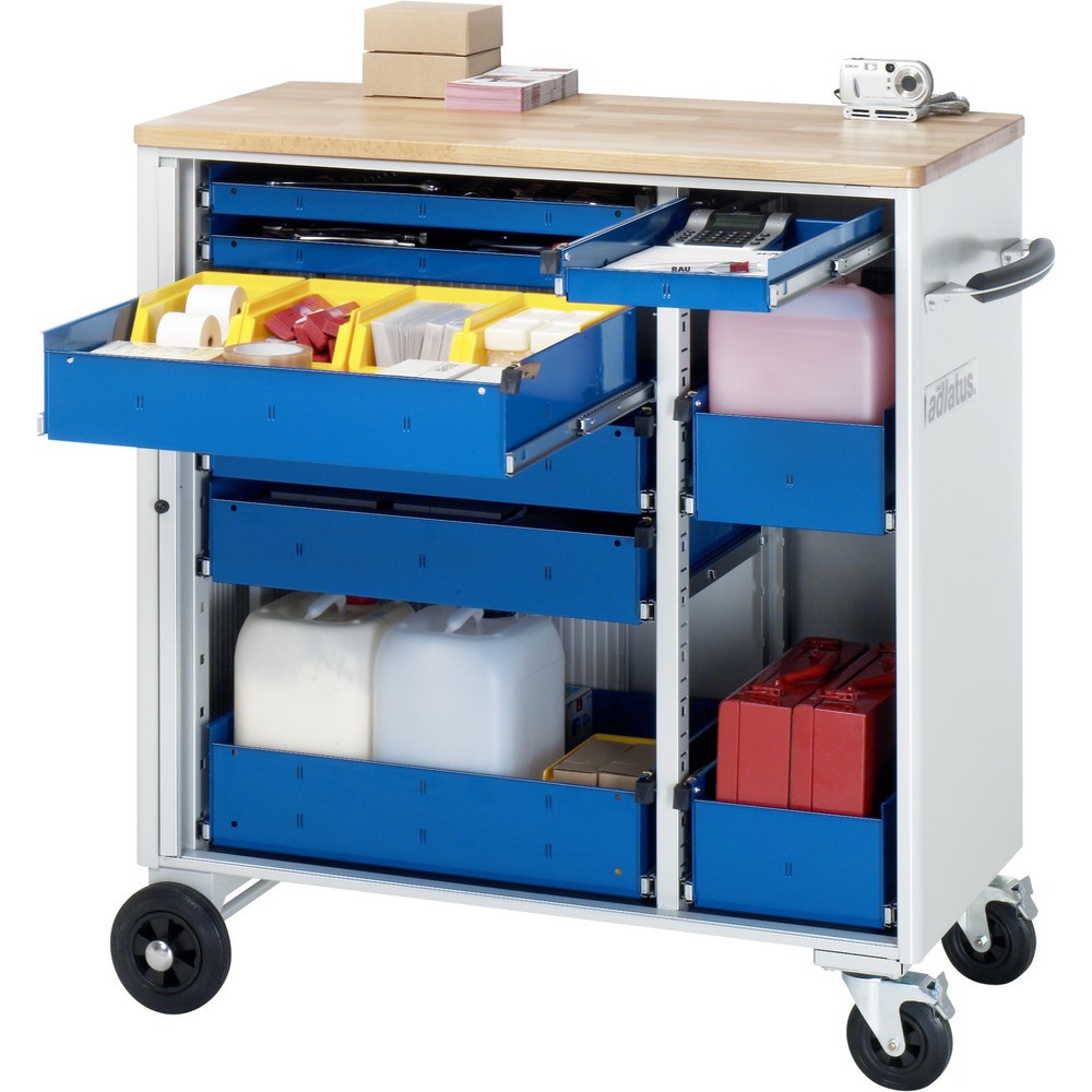 Číslo obrázka výrobku 1: Vozík na náradie RAU série adlatus, v × š × h 1 080 × 1 025 × 520 mm, 9 zásuv. 3 × 40, 3 × 105, 3 × 130 mm, buková pracovná doska