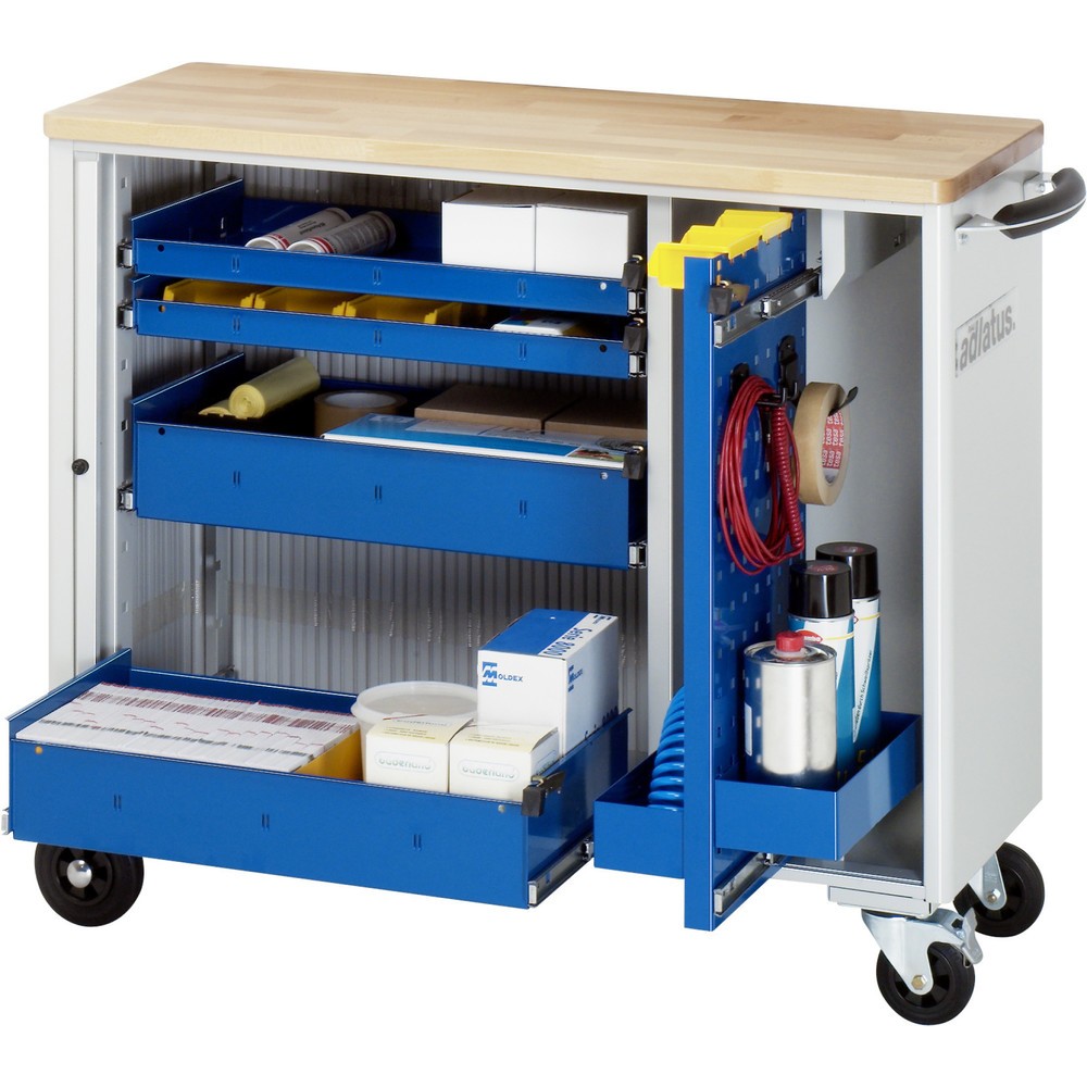 Číslo obrázka výrobku 1: Vozík na náradie vozík RAU série adlatus, v × š × h 860 × 1 025 × 400 mm, 4 zásuv. 2 × 40, 2 × 105 mm, buková pracovná doska