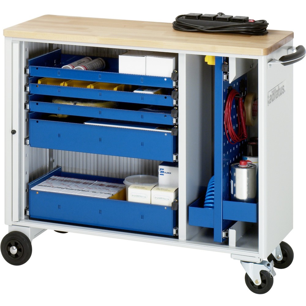Obrázok výrobku: Vozík na náradie vozík RAU série adlatus, v × š × h 860 × 1 025 × 400 mm, 5 zásuv. 3 × 40, 2 × 105 mm, buková pracovná doska
