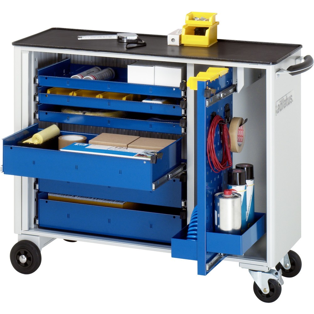 Obrázok výrobku: Vozík na náradie vozík RAU série adlatus, v × š × h 860 × 1 025 × 400 mm, 6 zásuv. 3 × 40, 3 × 105 mm, kovová pracovná doska