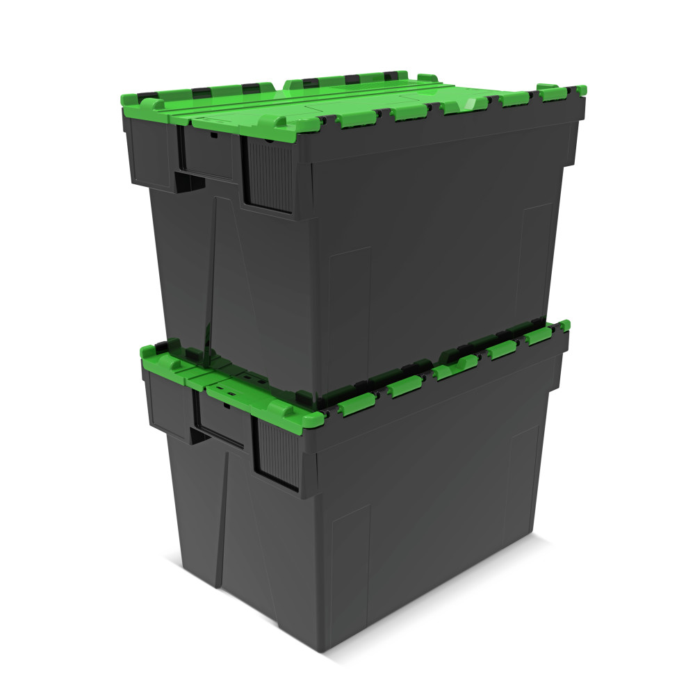 Číslo obrázka výrobku 7: Alpha Eurobox z PP regranulátu s výklopným krytom, čierno-zelený, 77 litrov, v × š × h 400 × 600 × 400 mm