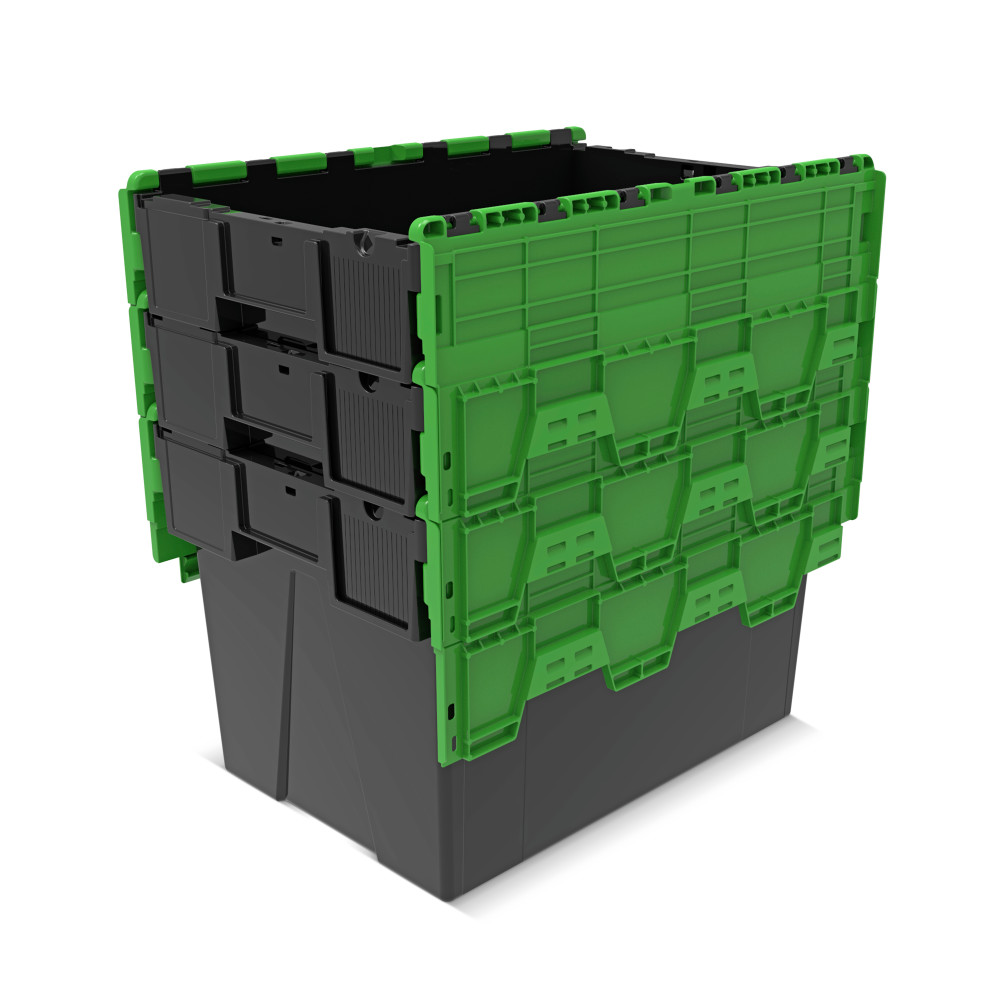 Číslo obrázka výrobku 8: Alpha Eurobox z PP regranulátu s výklopným krytom, čierno-zelený, 77 litrov, v × š × h 400 × 600 × 400 mm