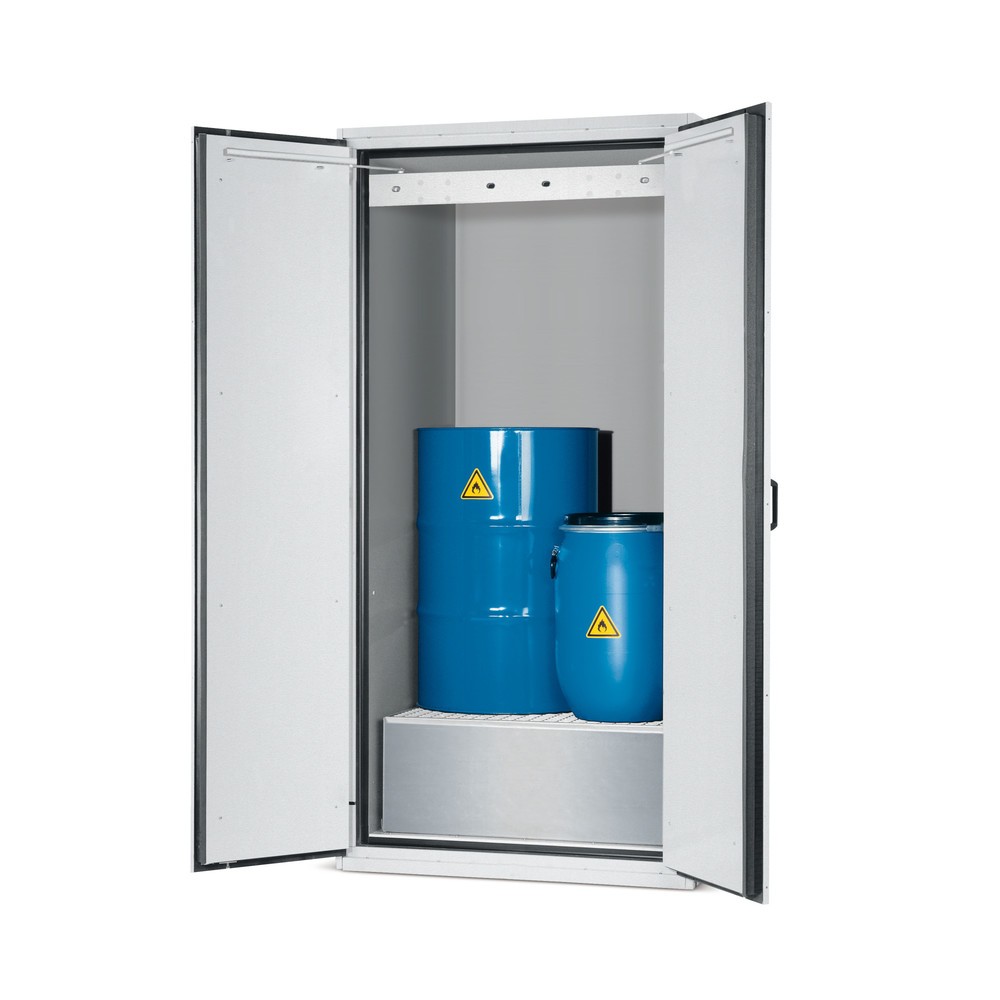 Product afbeelding: Brandveilige kluis asecos® type 90 voor 1 x 200 l vat, lekbak incl. rooster + transportsokkel