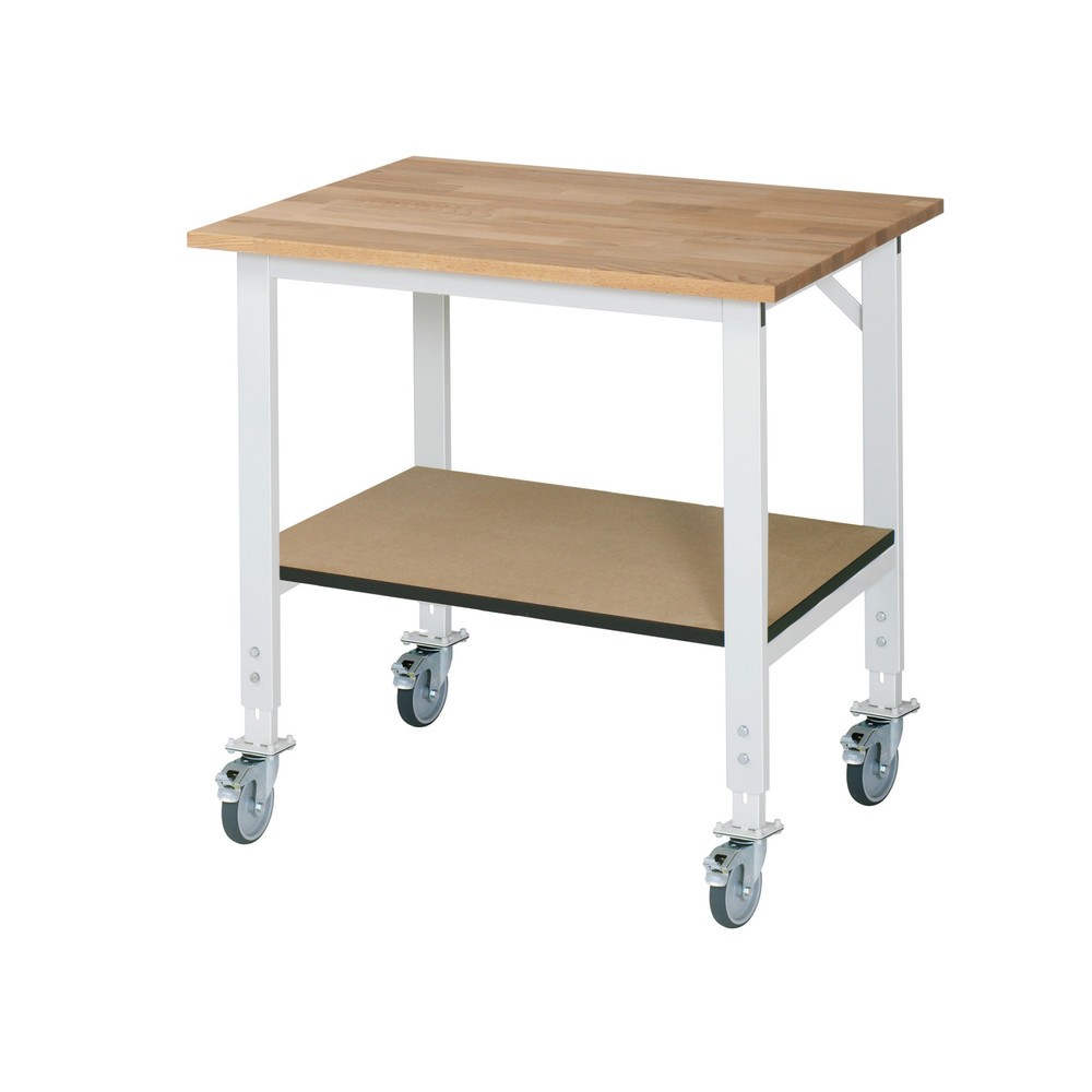 Číslo obrázka výrobku 1: Výškovo nastaviteľný, mobilný pracovný stôl RAU série JERRY, v × š × h 760 – 1 080 × 1 000 × 800 mm, pracovná doska z bukového masívu