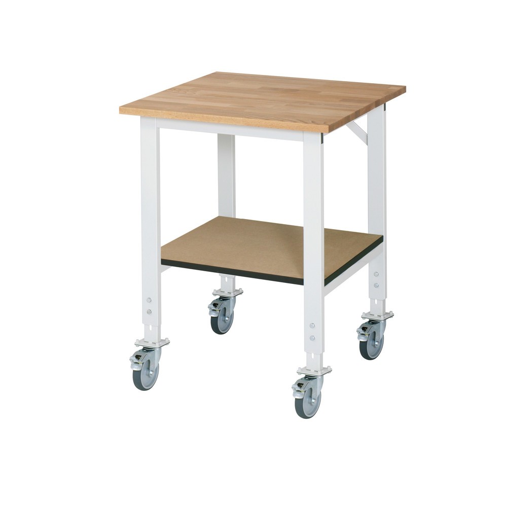 Číslo obrázka výrobku 1: Výškovo nastaviteľný, mobilný pracovný stôl RAU série JERRY, v × š × h 760 – 1 080 × 750 × 800 mm, pracovná doska z bukového masívu