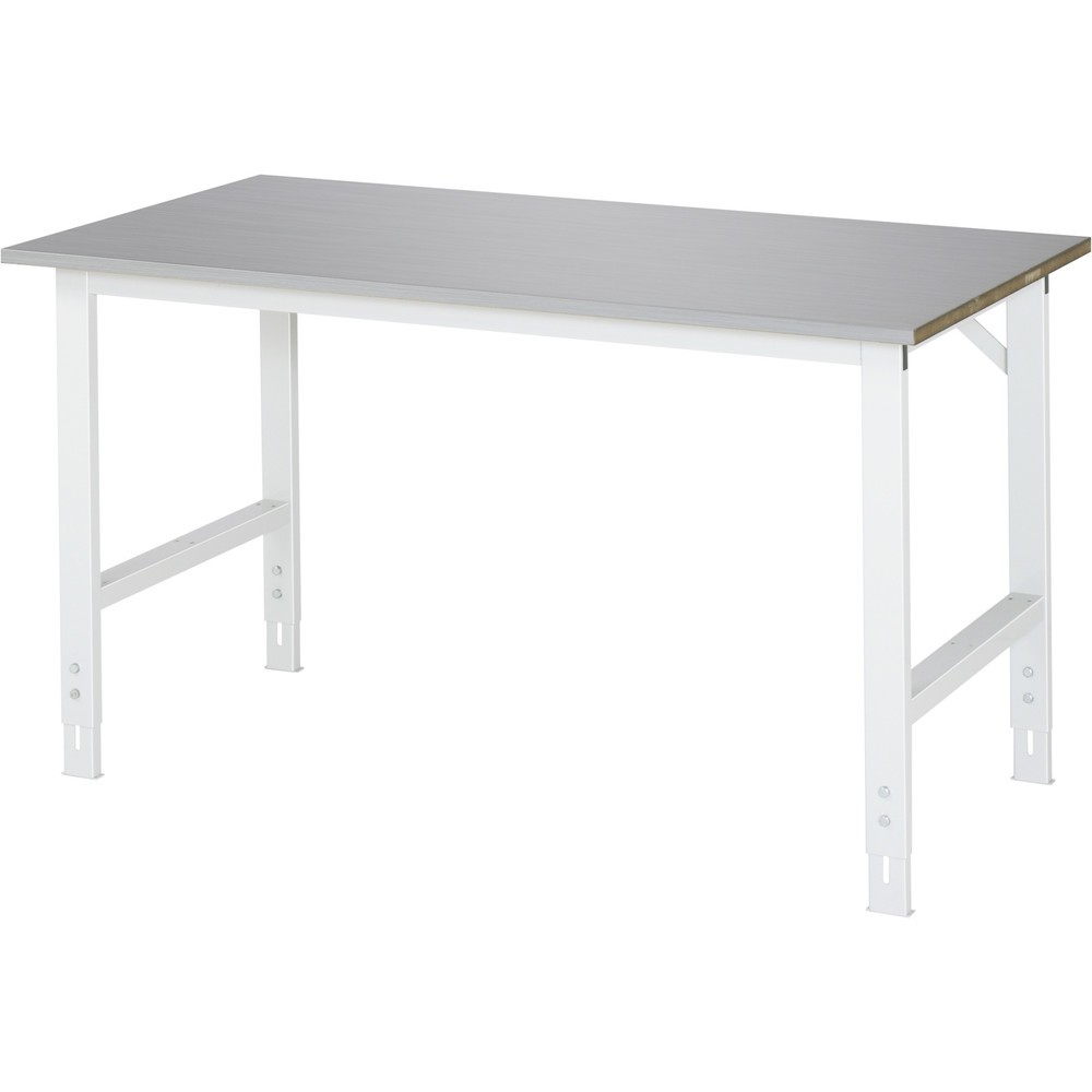 Obrázok výrobku: Výškovo nastaviteľný pracovný stôl RAU série TOM, v × š × h 760 – 1 080 × 1 500 × 800 mm, pracovná doska s povrchom z plechu z nehrdzavejúcej ocele