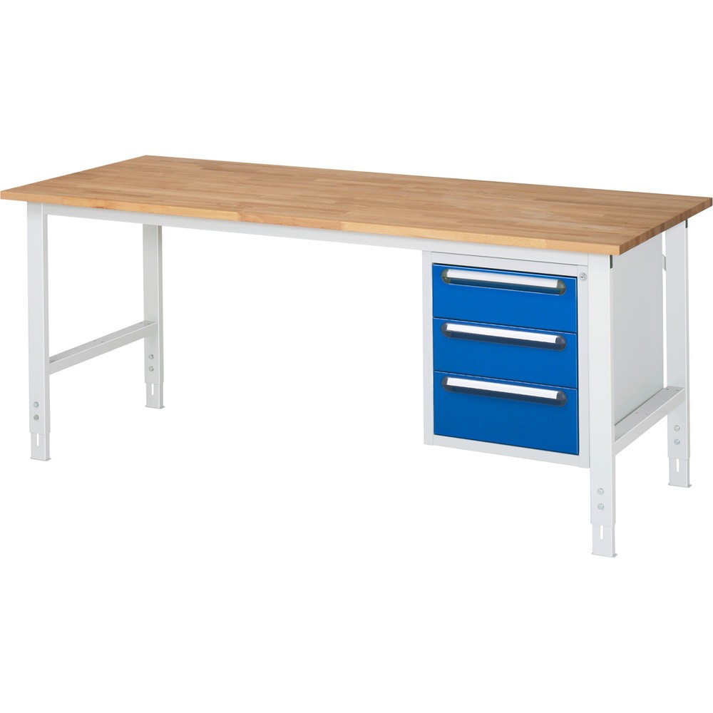 Obrázok výrobku: Výškovo nastaviteľný pracovný stôl RAU série TOM, v × š × h 760 – 1 080 × 2 500 × 800 mm, 4 zásuv., pracovná doska z bukového masívu