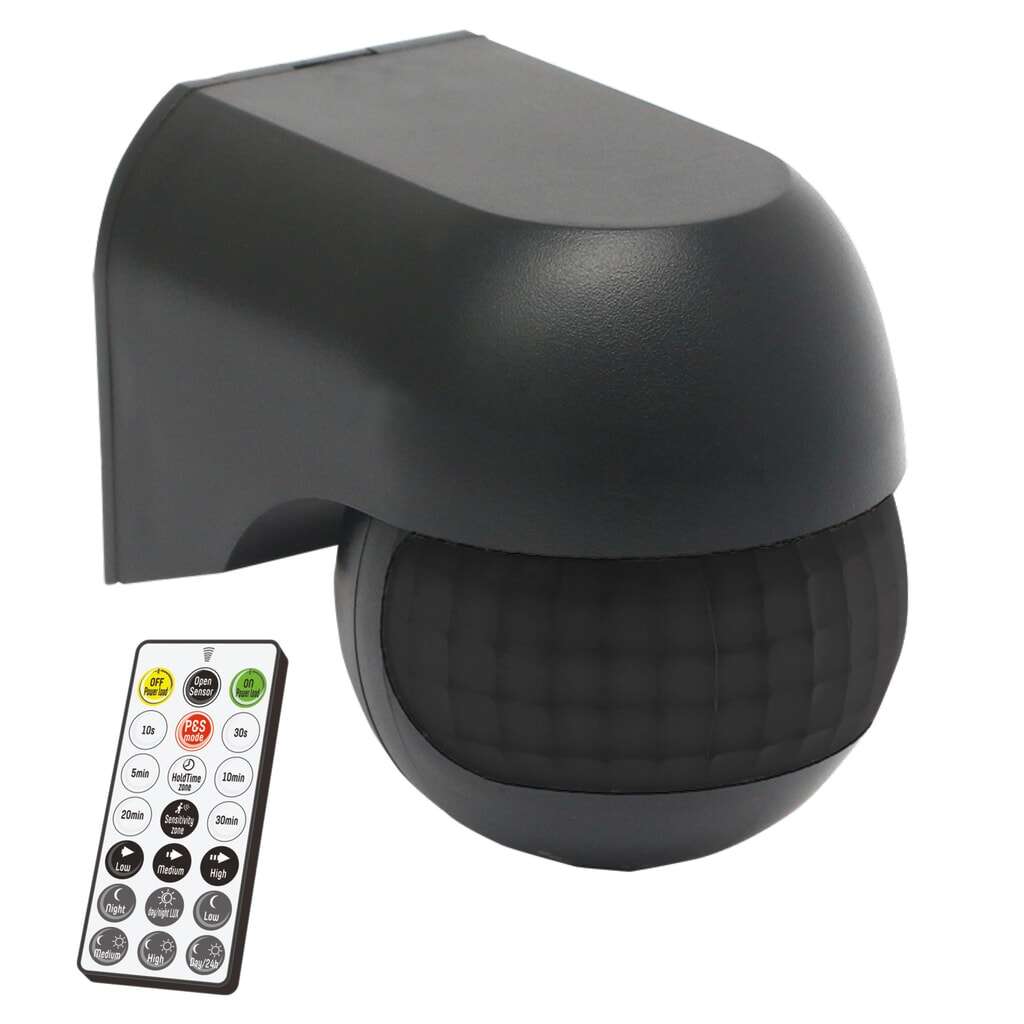 Wandsensor - PIR 180° IP54 - schwarz - Fernbedienung Produktabbildung: Wandsensor - PIR 180° IP54 - schwarz - Fernbedienung