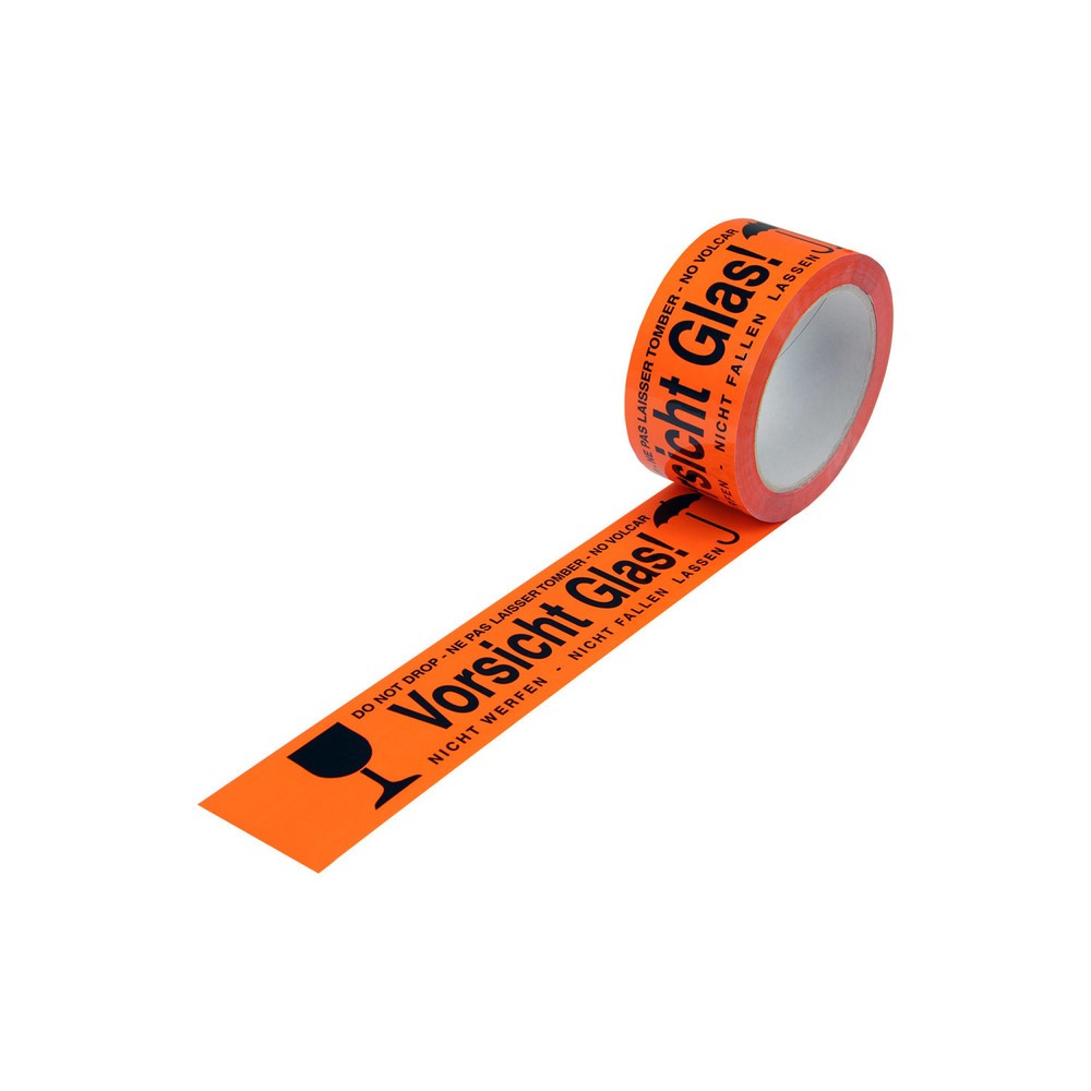 Produktabbildung: Warn-Klebebänder, 50mm breit x 66 lfm, signalrot, mit Aufdruck, "Vorsicht Glas"