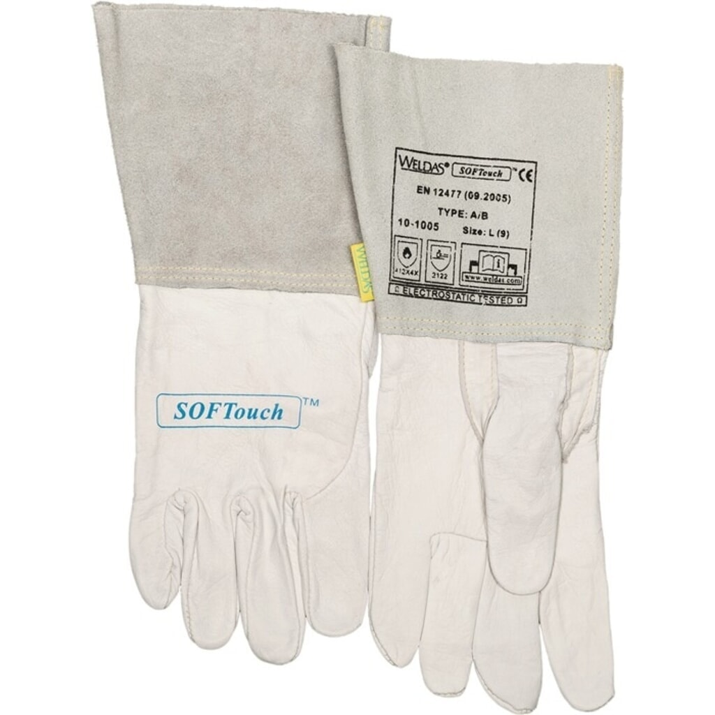 WELDAS Schweißerhandschuhe, natur Kalbsnarben-/Rindspaltleder/Softtouch EN 388, EN 12477, EN 1149-2, 5 Paar