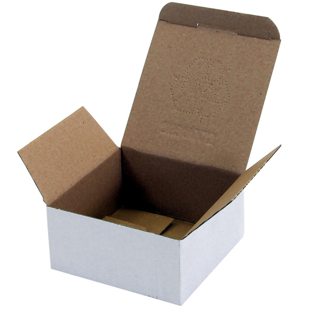 Wellpapp-Faltkarton 1-wellig, 118 x 118 x 56 mm, weiß, Automatikboden Produktabbildung: Wellpapp-Faltkarton 1-wellig, 118 x 118 x 56 mm, weiß, Automatikboden