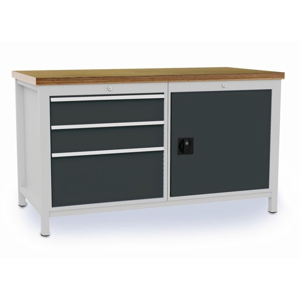 Werkbank, lichtgrau anthrazitgrau, B1500xT750xH859mm Buche Multiplex, 3 Schubladen 1 Tür Produktabbildung: Werkbank, lichtgrau anthrazitgrau, B1500xT750xH859mm Buche Multiplex, 3 Schubladen 1 Tür