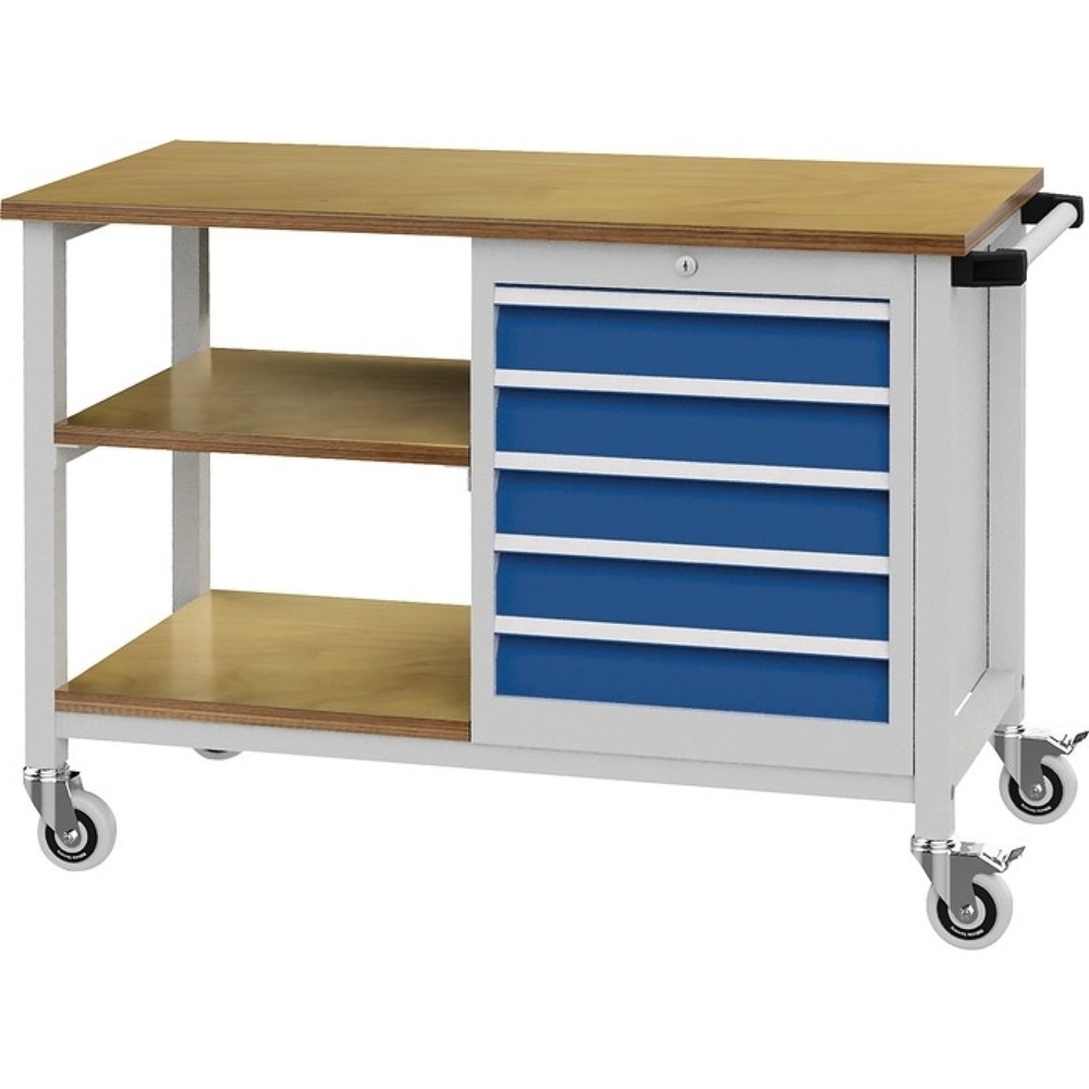 Produktabbildung: Werkbank, lichtgrau / signalblau, B1200xT540xH880mm Buche Multiplex, 5 Schubladen