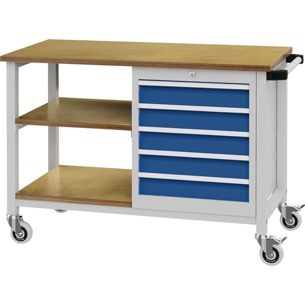 Werkbank, lichtgrau / signalblau, B1200xT540xH880mm Buche Multiplex, 5 Schubladen Produktabbildung: Werkbank, lichtgrau / signalblau, B1200xT540xH880mm Buche Multiplex, 5 Schubladen
