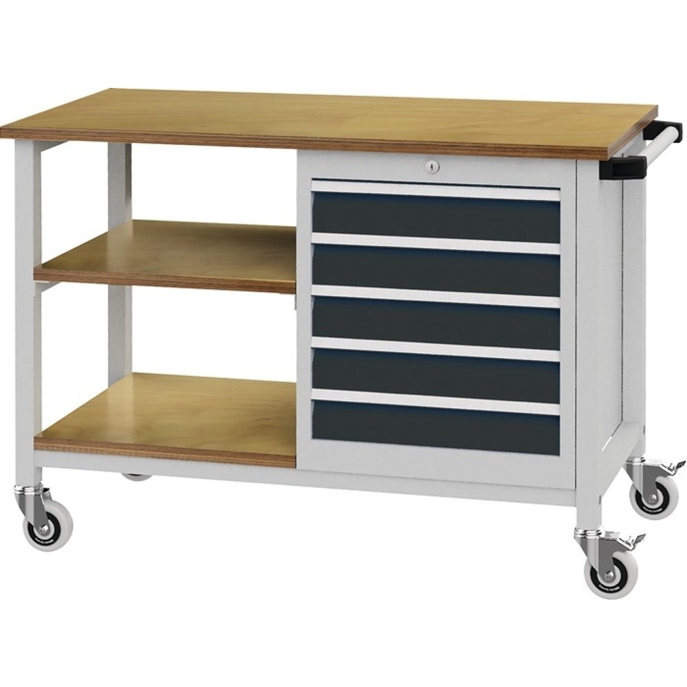 Produktabbildung: Werkbank, lichtgrau / anthrazitgrau, B1200xT540xH880mm Buche Multiplex, 5 Schubladen