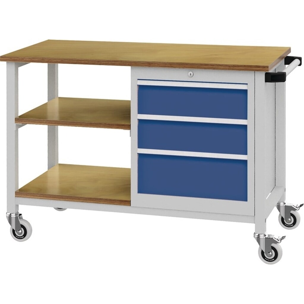 Werkbank, lichtgrau / signalblau, B1200xT540xH880mm Buche Multiplex, 4 Schubladen Produktabbildung: Werkbank, lichtgrau / signalblau, B1200xT540xH880mm Buche Multiplex, 4 Schubladen