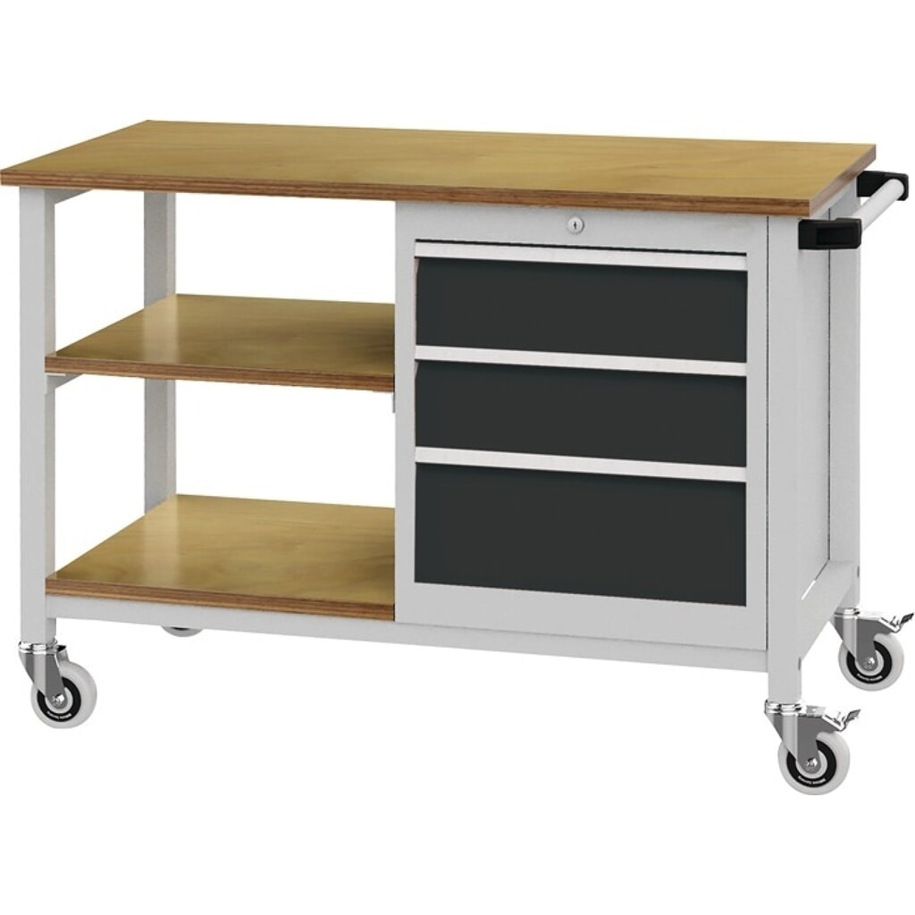 Werkbank, lichtgrau / anthrazitgrau, B1200xT540xH880mm Buche Multiplex, 3 Schubladen 2 x 150, 1 x 200 mm Produktabbildung: Werkbank, lichtgrau / anthrazitgrau, B1200xT540xH880mm Buche Multiplex, 3 Schubladen 2 x 150, 1 x 200 mm