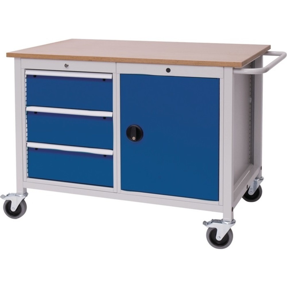 Produktabbildung: Werkbank, lichtgrau / signalblau, B1250xT750xH935mm Buche Multiplex, 3 Schubladen 1 Tür