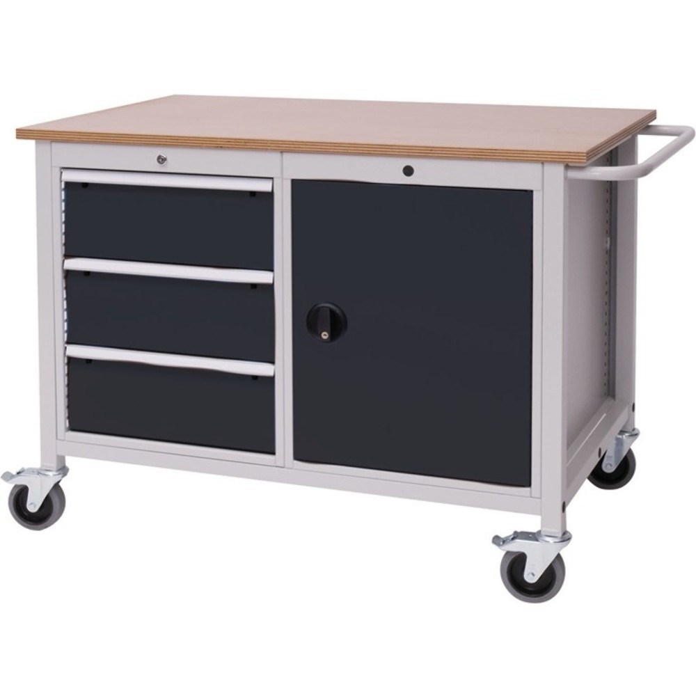 Produktabbildung: Werkbank, lichtgrau / anthrazitgrau, B1250xT750xH935mm Buche Multiplex, 3 Schubladen 1 Tür