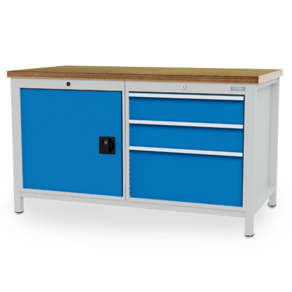 Product afbeelding: Werkbank Bedrunka+Hirth R 24-24, hxbxd 959 x 1.500 x 750 mm, lichtgrijs, lichtblauw, 3 lades 2x150 mm + 1x300 mm, 1 draaideur 1x600 mm